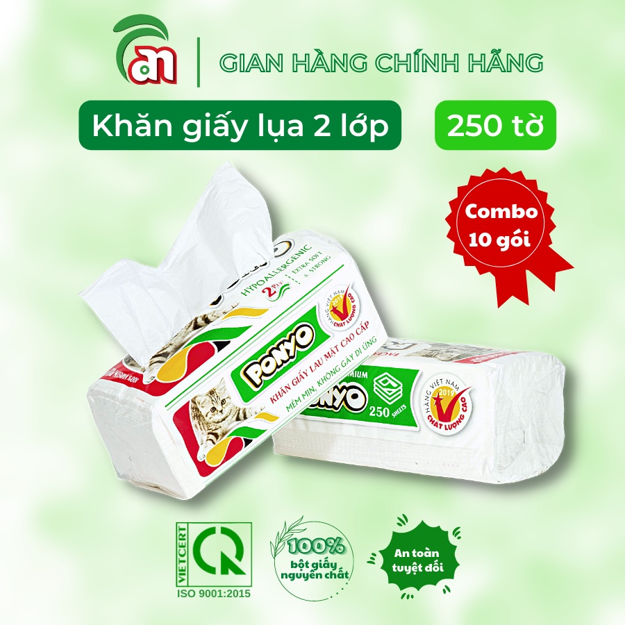 Combo 10 gói Khăn giấy lau mặt không bụi PONYO 2 lớp gói 250 tờ, khăn giấy khô mịn màng cho da- Thiên An Nam paper