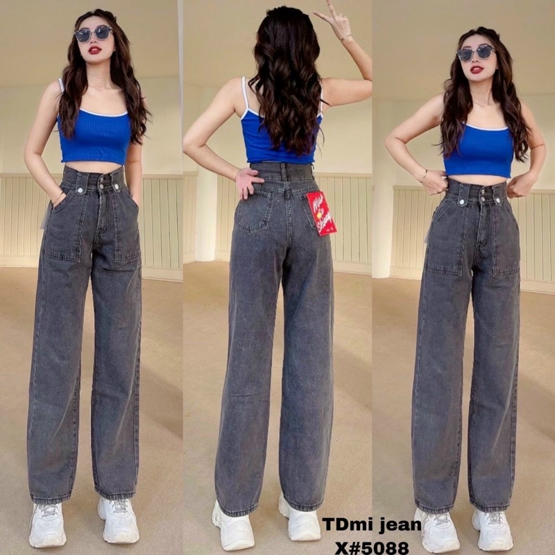 Quần jeans ống suông basic 2 túi trước kiểu lưng siêu cao
