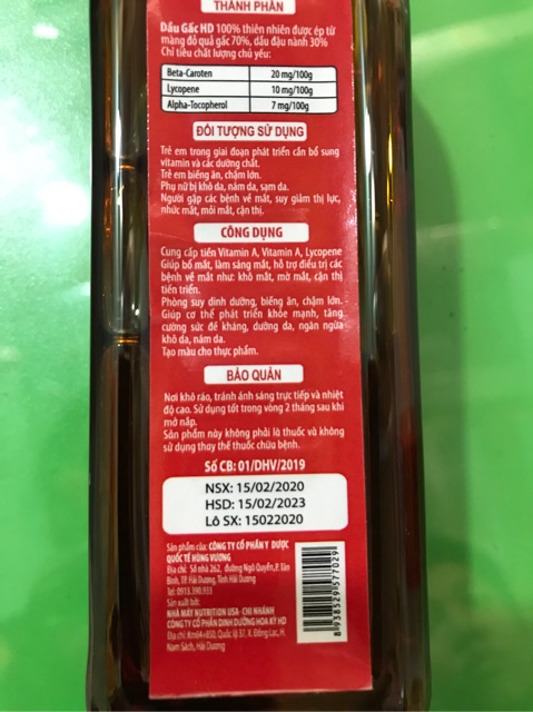 Dầu gấc HD 250 mL - dầu Organic