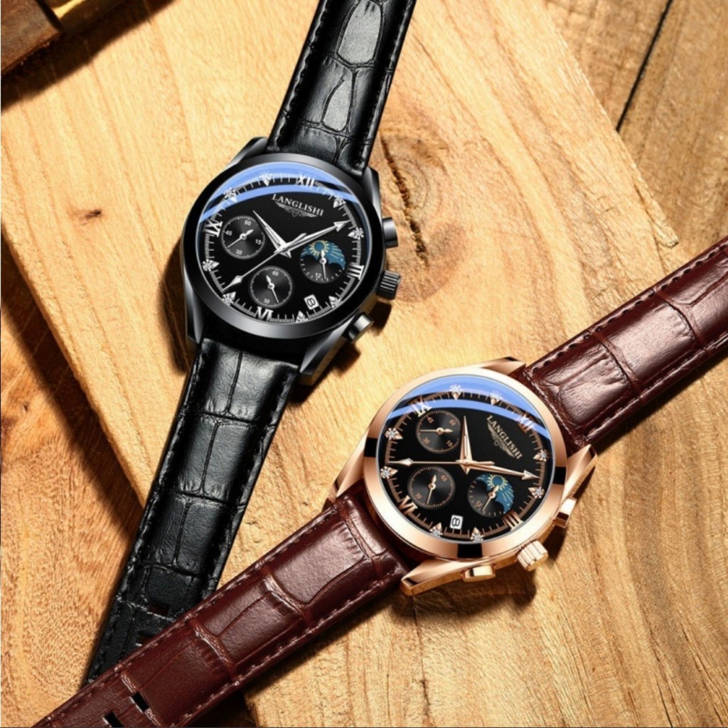 Đồng hồ Nam LANGLISHI, có lịch , dây da thể thao , kính cường lực sapphire chống xước ,chống nước 3ATM