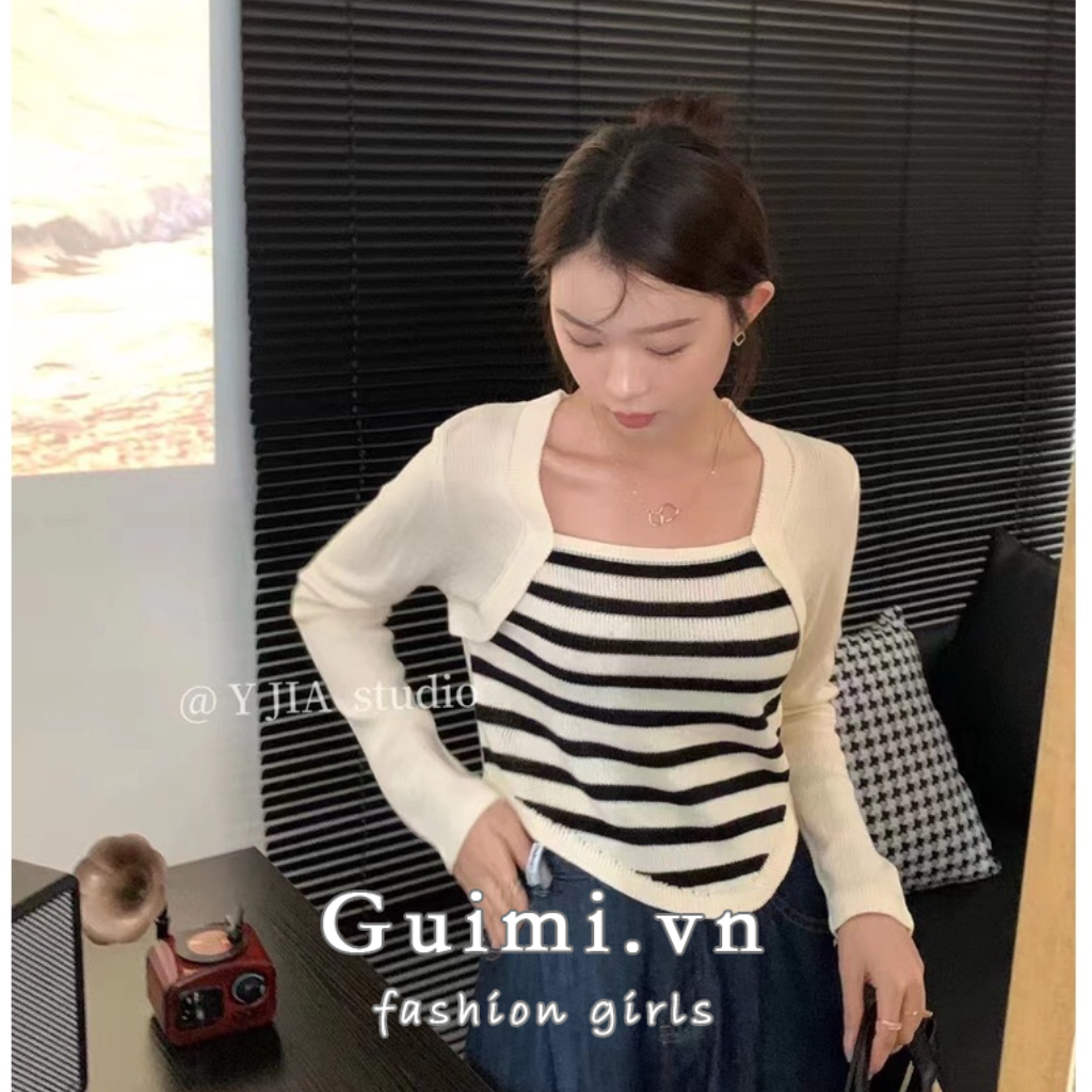 NZN Áo Len Tay Dài Cổ Vuông Giả Hai Lớp Họa Tiết Kẻ Sọc Màu Tương Phản Phong Cách retro Hàn Quốc Dành Cho Bạn Nữ