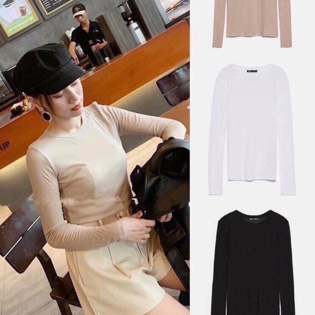 Áo nữ siêu đẹp chất thun dài tay 4 màu đen/ trắng/ kem/ nâu hot trend thời trang Banamo Fashhion áo pull dài tay 317