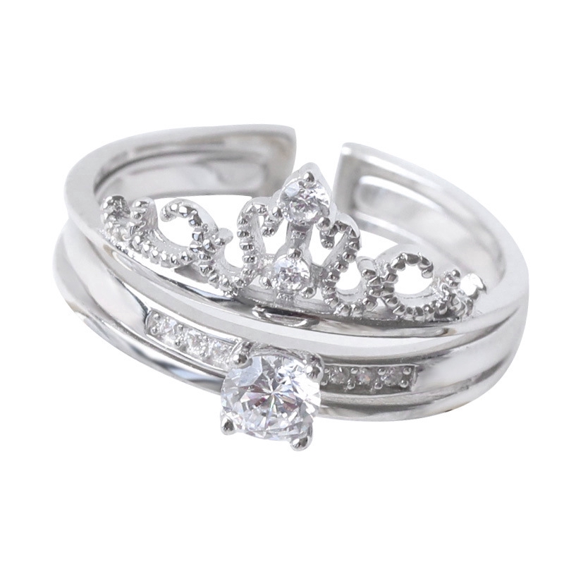 Ahellogirl Nhẫn Pha Lê Vương Miện 2Pcs In One Charm Crystal Crown Zircon Silver Wedding Ring Women Jewelry