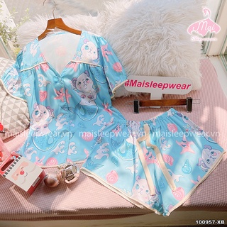 Bộ Đồ Ngủ Pyjama MAI SLEEPWEAR Lụa Mặc Nhà Áo Tay Ngắn Cổ V Quần Ngắn Trẻ Trung Cao Cấp MS955