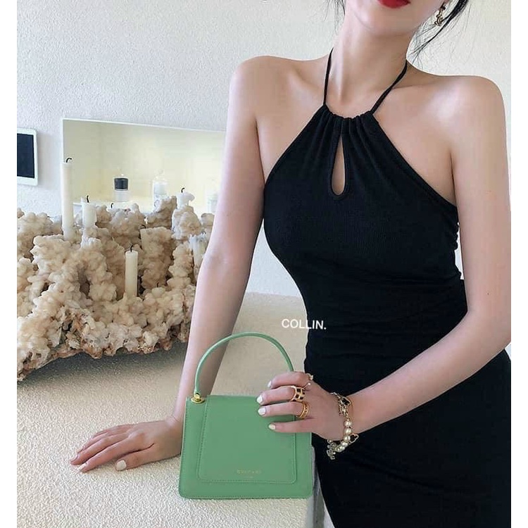 [8.8 Sales Freeship] Đầm thun đen ôm body, đầm thun cổ yếm khoét ngực hở lưng dáng dài sexy, cực tôn dáng