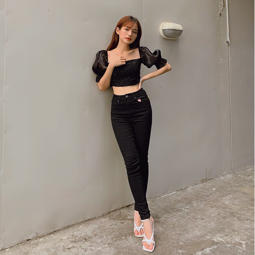 Quần skinny jeans đen lưng cao siêu co giãn (Đen) - GN01