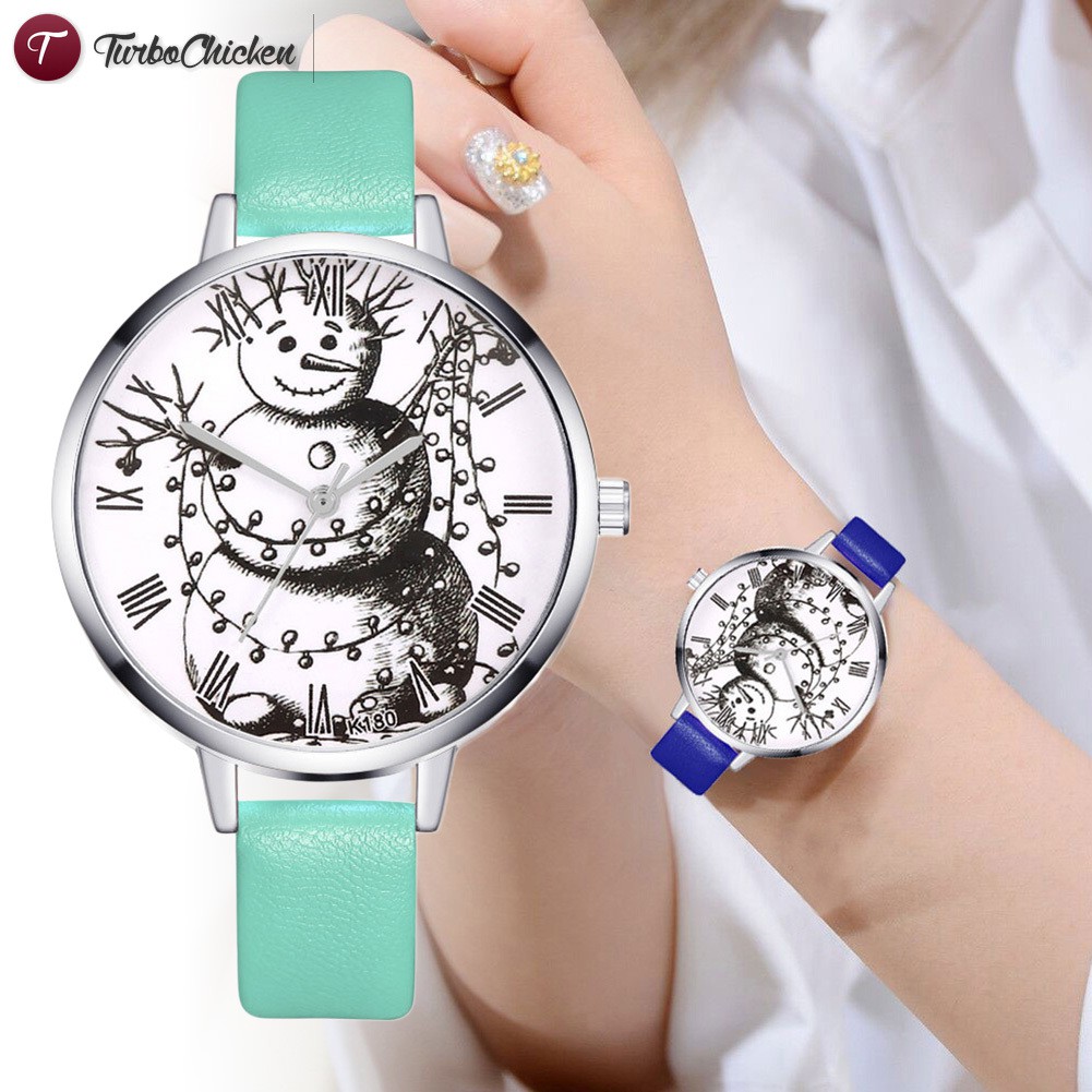 #Đồng hồ đeo tay# Cartoon Snowman Quartz Watches Round Dial Women Watches Faux Leather Strap Watch
