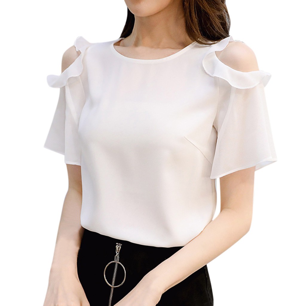 Women Work Office Off Shoulder Ruffles Short Sleeve Solid Chiffon Plus Shirt Top