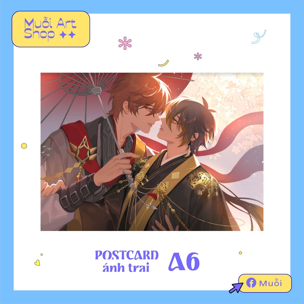 Postcard A6 couple Childe x Zhongli cầm ô (Genshin Impact)