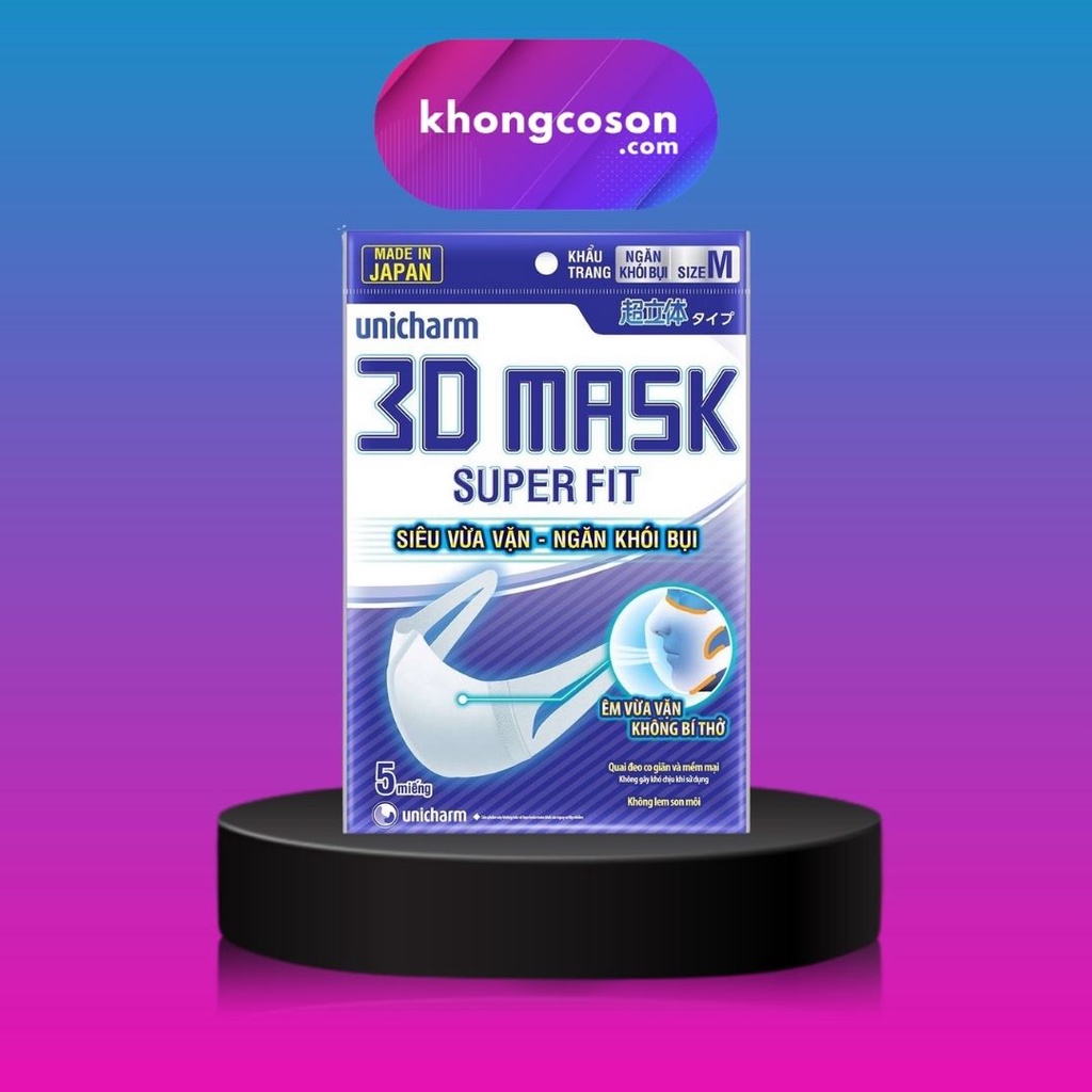 Khẩu Trang Unicharm Ngừa Khói Bụi 3D Mask Super Fit Size M Gói 5 Cái - Khongcoson