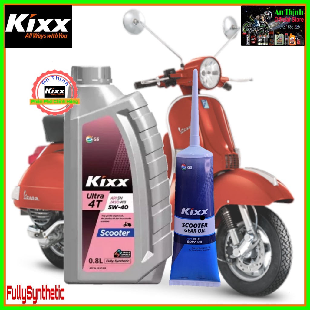 COMBO NHỚT XE TAY GA KIXX ULTRA 4T SCOOTER SN 5W-40 FULLY-SYNTHETIC 0.8L VÀ NHỚT LÁP HỘP SỐ KIXX  GL-5, 8OW90 120ML.