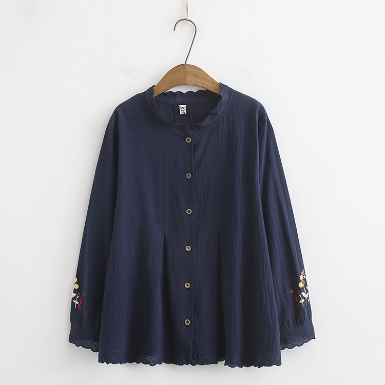 Plus Size Floral Embroidery Lace Long Sleeve Blouse Loose Big Size Pink Navy Blue Casual Blusas Officewear Tops | BigBuy360 - bigbuy360.vn