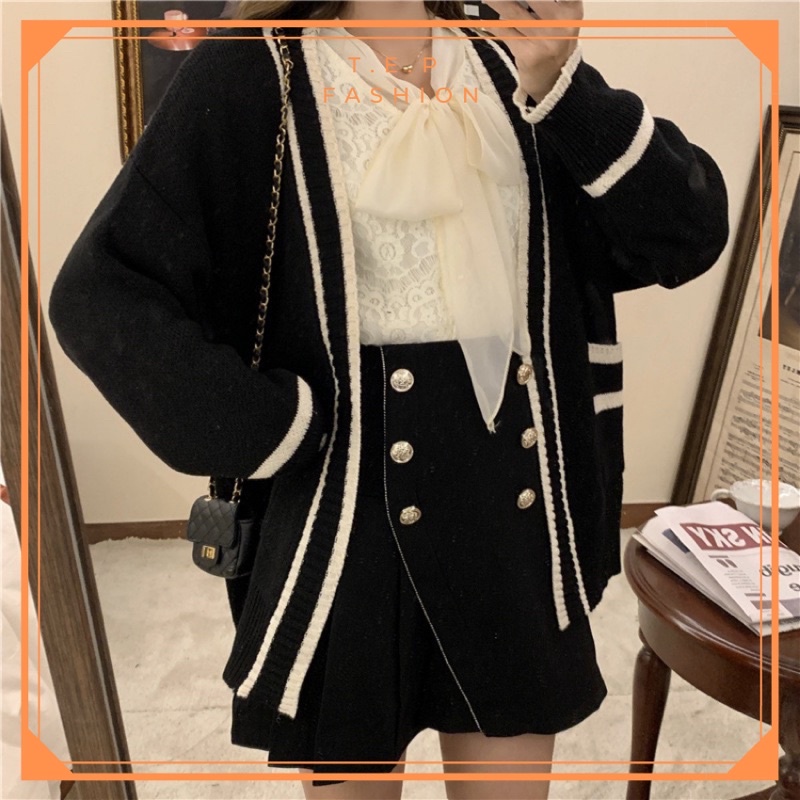 Áo Len CadiGan Nữ 2 Túi Trước Đen Trắng Phong Cách Hàn Quốc Tep Fashion - CDG001