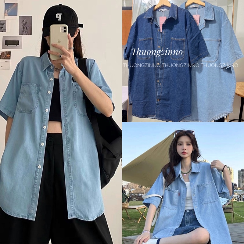 [Ảnh thật/Video]Áo sơ mi bò cộc tay dáng rộng rãi (Hàng Loại 1)