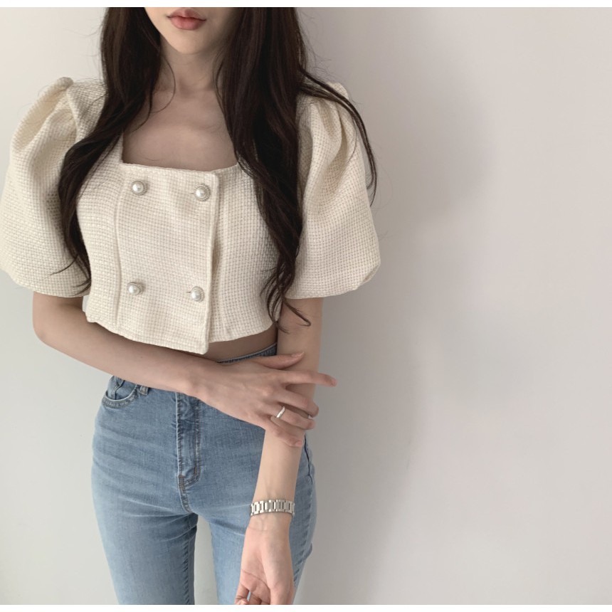 Áo croptop vải tweed mỏng cổ vuông nút ngọc xinh xắn (có hình thật)