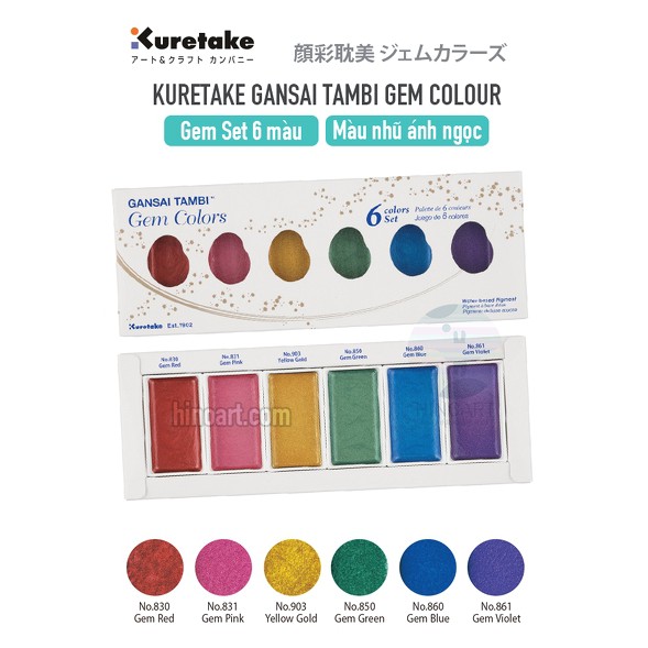 Set màu nước nhũ ánh ngọc Kuretake Gansai Tambi Gem Colors 6 màu