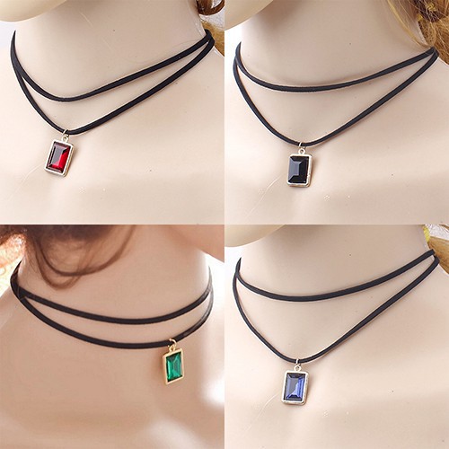 Vòng Cổ Chocker Mặt Đá Kim Cương Nhân Tạo Vuông Gắn Qua Sợi Xích Ngắn Cho Nữ