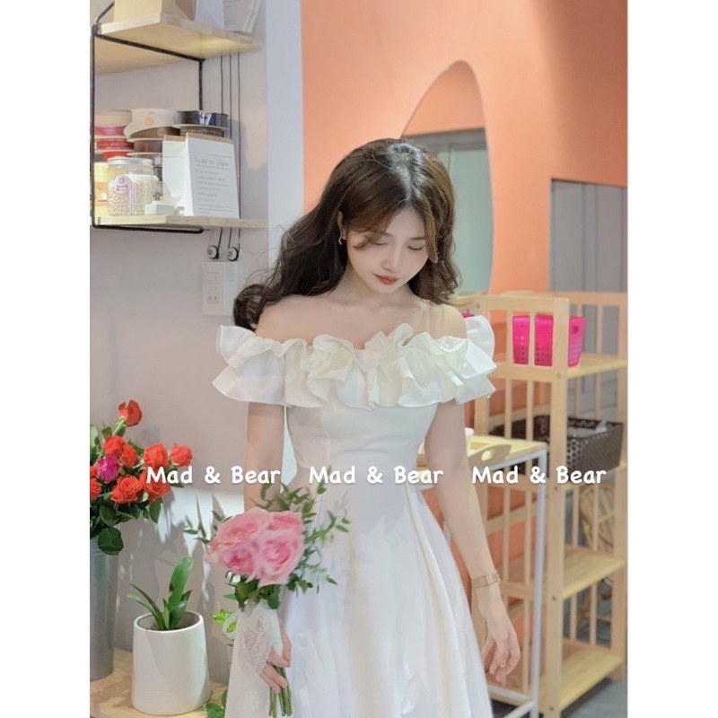 [8.8 Sales Freeship] Đầm trắng bèo trễ vai dáng dài, váy đầm trắng công chúa chụp hình kỉ yếu, đi tiệc