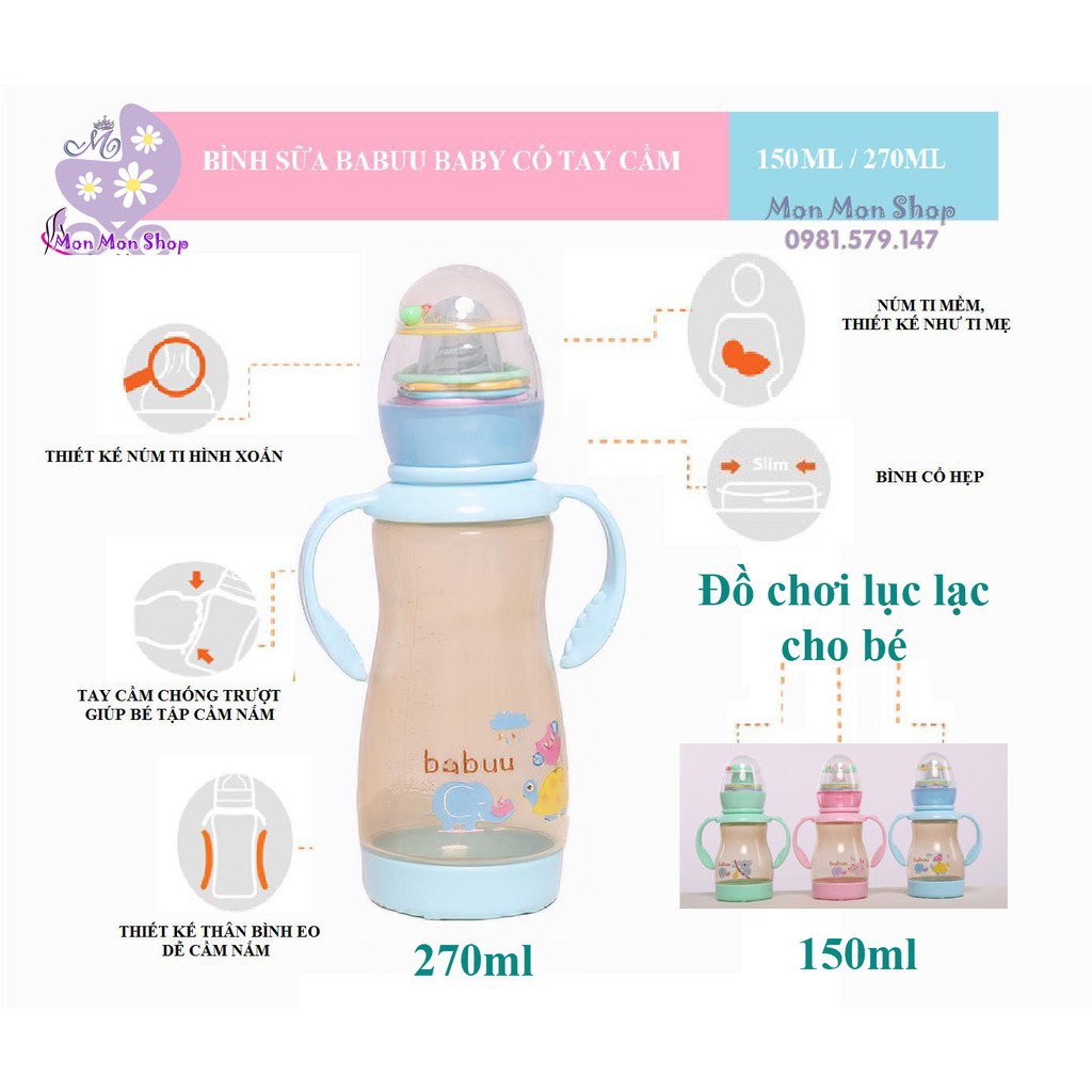 (Tặng kèm tay cầm và núm ti) Bình sữa Nhật Bản Babuu Baby 120ml/ 270ml có tay cầm kèm đồ chơi cho bé