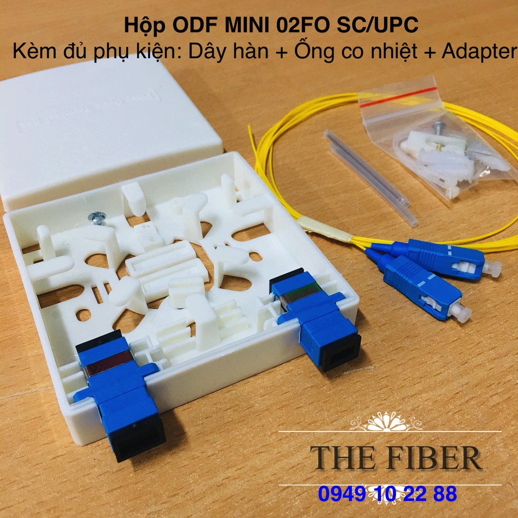 Hộp ODF MINI 02FO SC-UPC - Đầy đủ phụ kiện: 02 Adapter SC-UPC+ 2 Dây hàn quang + 2 ỐNG co nhiệt