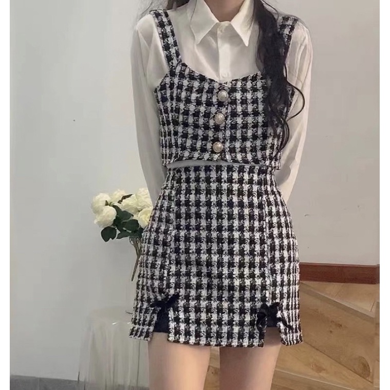 Set dạ tweed sọc ca rô áo croptop dạ+chân váy dạ+áo sơmi dài tay ulzzang Hàn Quốc SAM SAM BOUTIQUE