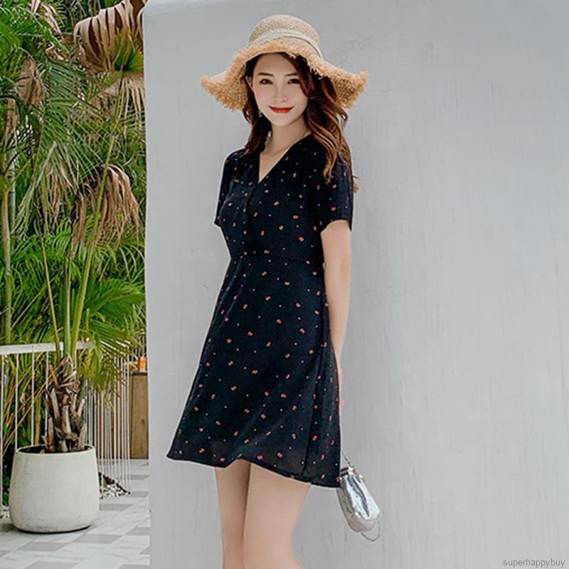 Đầm dáng chữ A hoạ tiết hoa thiết kế cổ chữ V nữ tính