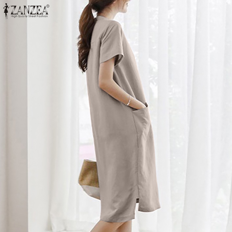 Đầm ZANZEA midi tay ngắn cổ chữ v có túi trước thời trang cho nữ