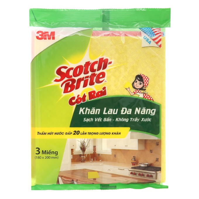 Gói 3 Miếng Khăn Lau Đa Năng Scotch-Brite 3M 18x20cm – Sạch Vết Bẩn, Không Trầy Xước – Thấm Hút Gấp 20 Lần Trọng Lượng