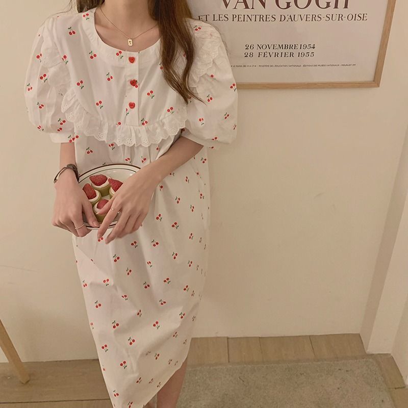 Đầm ngủ tay ngắn in họa tiết quả cherry/ snoopy đáng yêu phong cách thời trang mùa hè cho nữ