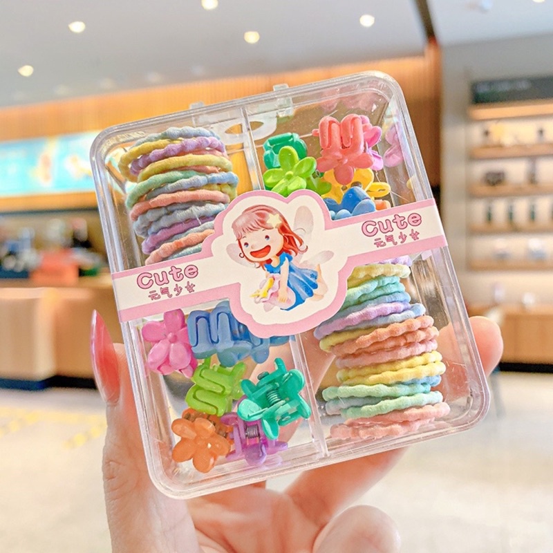 Hộp Dây Buộc Tóc Mix Kẹp Tóc Càng Cua Nhiều Màu Cho Bé Hộp Vuông 4 Ngăn