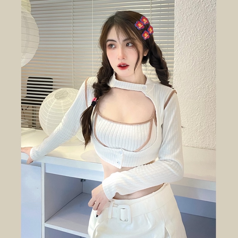 ✨Áo Croptop tay dài “BOMY” ——— Set áo gồm 2 áo.