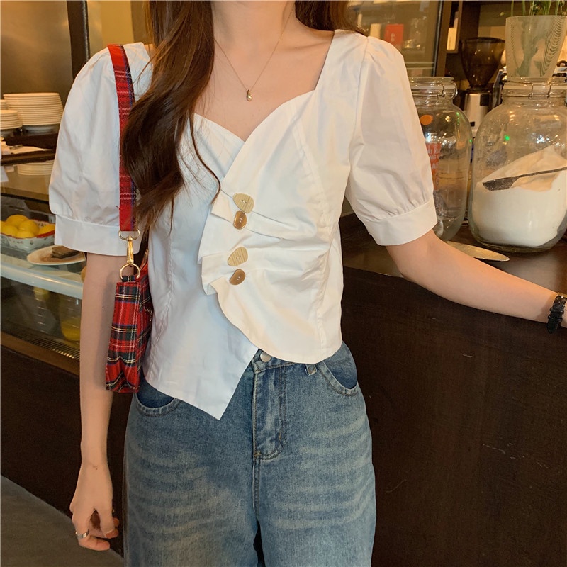 Áo Sơ Mi Nữ Cổ Chữ V Tay Phồng Ngắn Dáng Rộng Phong Cách Hàn Quốc