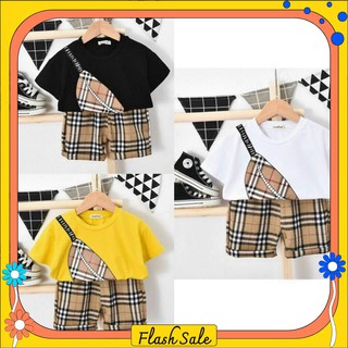 Đồ bộ cho trẻ em chất thun thoáng mát mẫu túi chéo caro dễ thương cho bé trai mát mẻ mùa hè size 7-20kg
