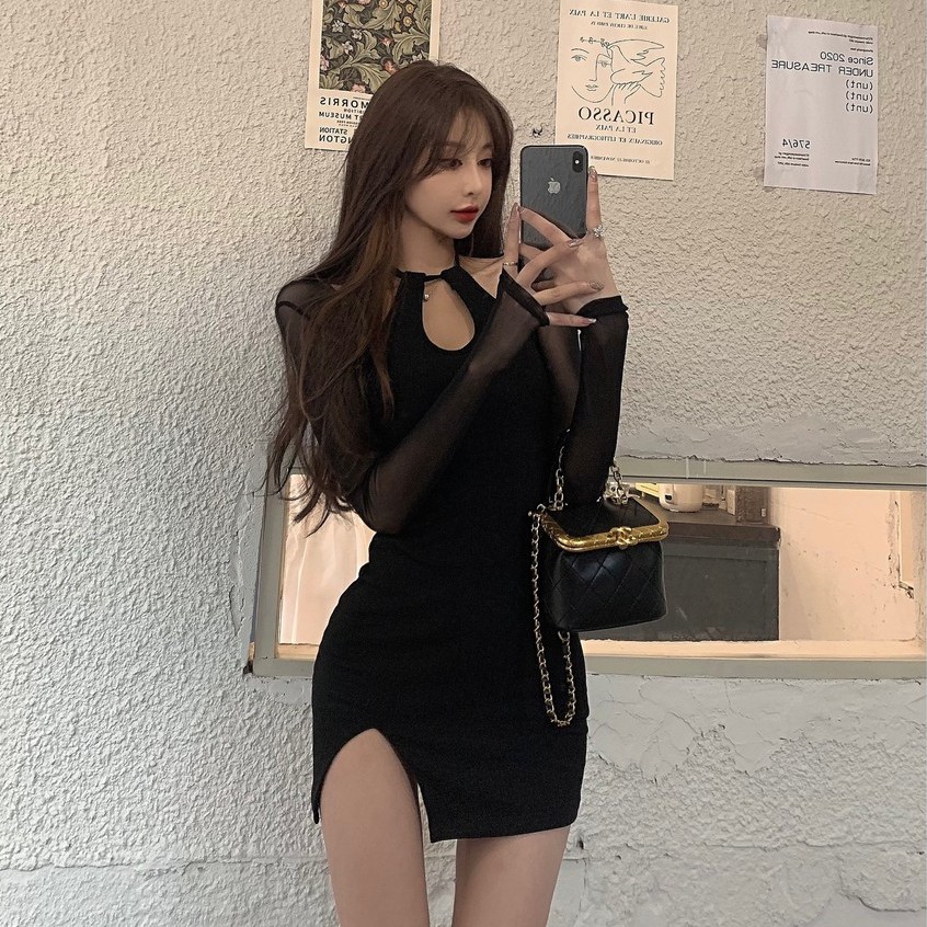 QADCOL  Đầm QADCOL tay dài phối ren thời trang dành cho nữ