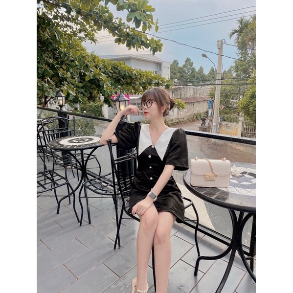 Đầm cổ bèo nút ngọc sang chảnh (ẢNH THẬT)
