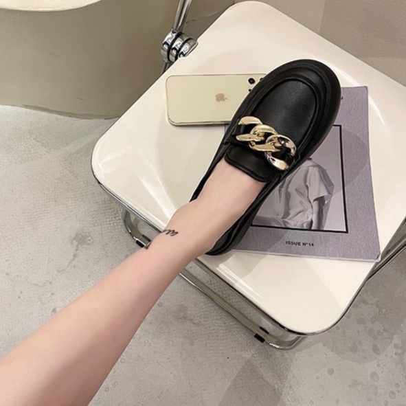 Giày Moca Loafer Ulzzang Vintage, Giày Lười Nữ Da Pu Cao Cấp Họa Tiết Móc Xích Đế Độn 3cm, Hàn Quốc - Iclassy_shoes