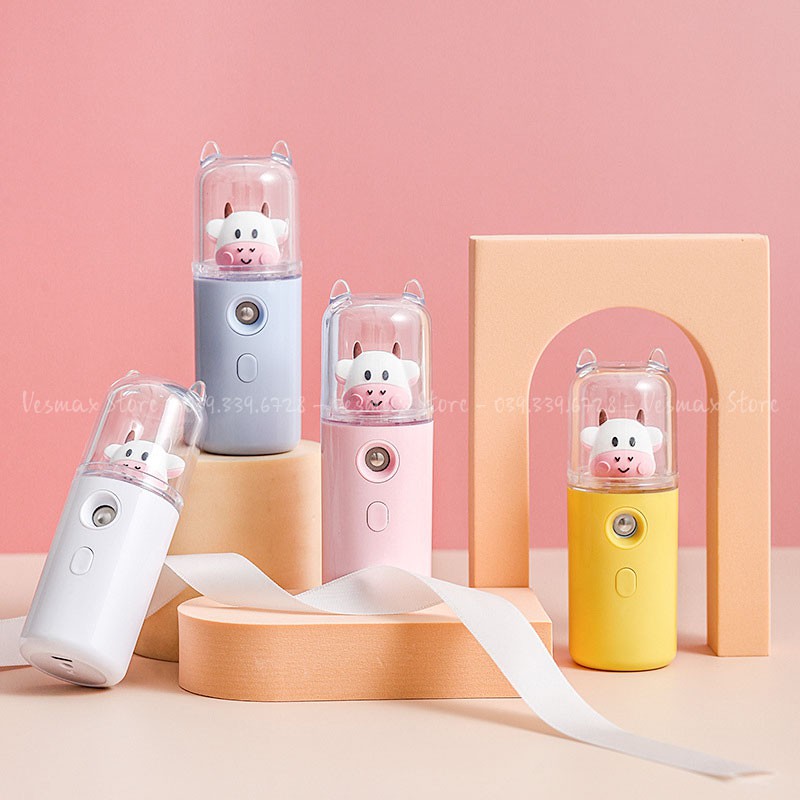 Máy phun sương xông hơi mặt Nano mini cầm tay bò sữa và thỏ dễ thương hỗ trợ xịt khoáng cấp ẩm tức thì sạc USB