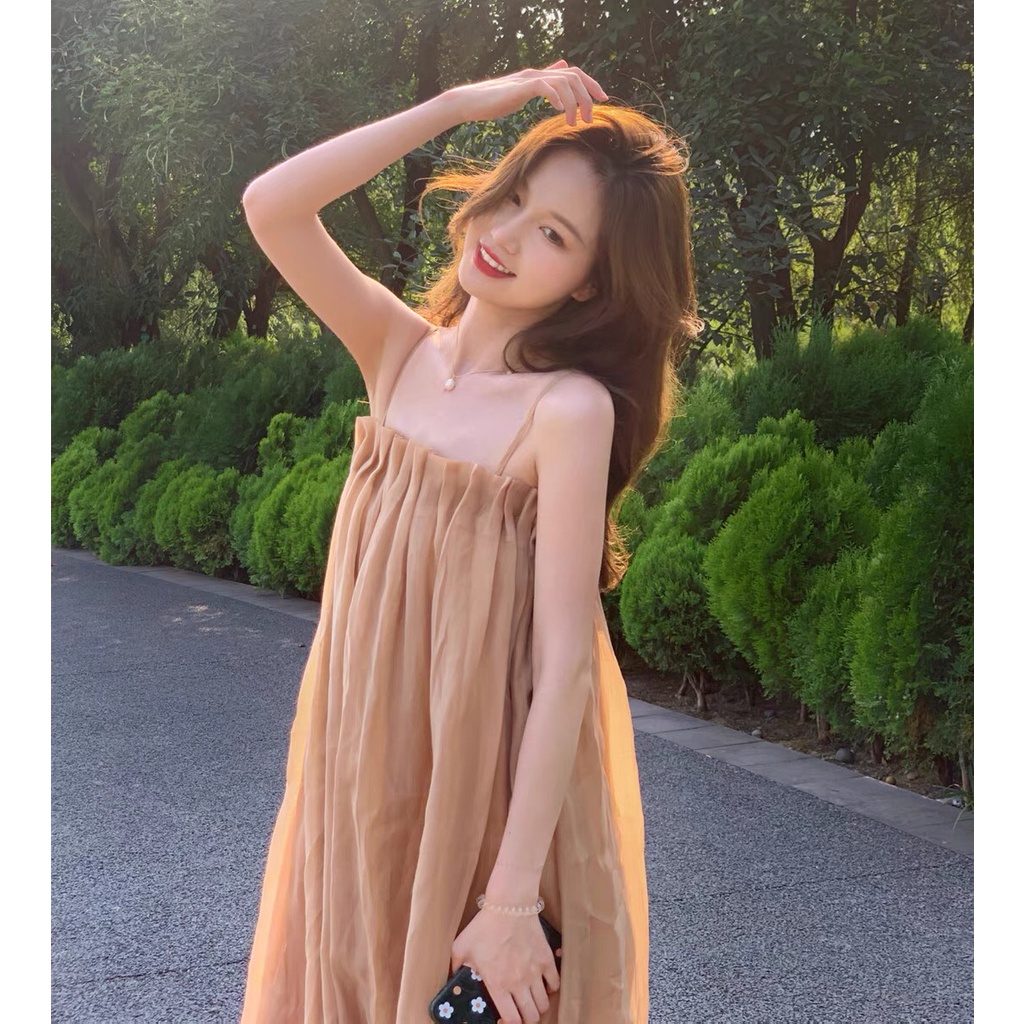 [Có ảnh thật] Đần suông 2 dây kim tuyến nhún, váy nữ hai dây maxi vải tơ hàng Quảng Châu