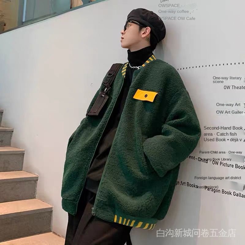 Áo khoác bóng chày bằng Cotton lông cừu dày dặn ấm áp thời trang thu đông phong cách Hong Kong cho nam