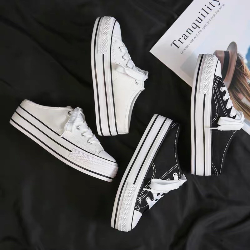 Sẵn đen 35 - Giày thể thao dẫm gót đế độn 5,5cm