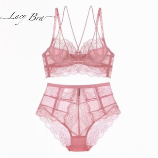 Bộ Đồ Lót Ren Siêu Mỏng Có Gọng Không Đệm Dây Đan Chéo Phối Quần Lót Ren Cạp Cao Lacy Bra - B04