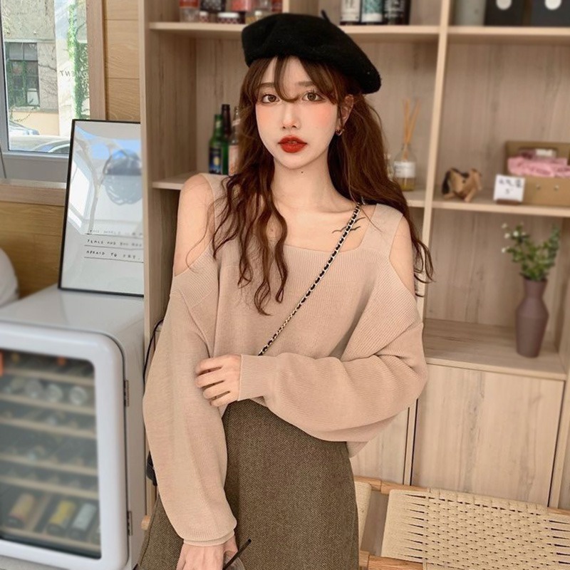 Áo Dệt Kim Tay Dài Hở Vai Màu Sắc Đơn Giản Phong Cách Hàn Quốc