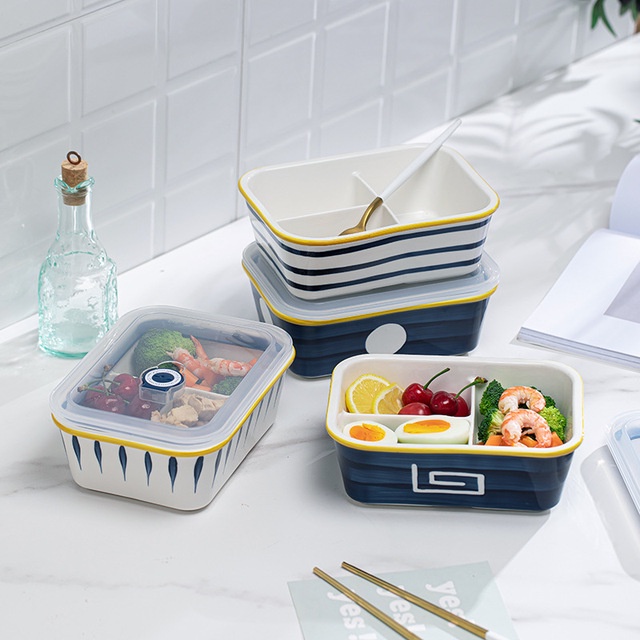 Hộp Đựng Cơm Trưa Chất Liệu Sứ, Chia Ngăn, Thố Sứ Có Nắp, Dùng Được Trong Lò Vi Sóng, Nhiều Mẫu