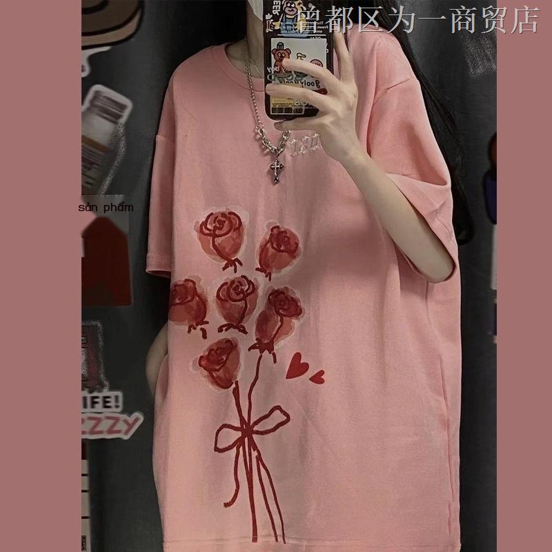 Áo Thun Tay Ngắn Dáng Rộng In Họa Tiết Hoa Hồng Thời Trang Mùa Hè Phong Cách Hàn Quốc