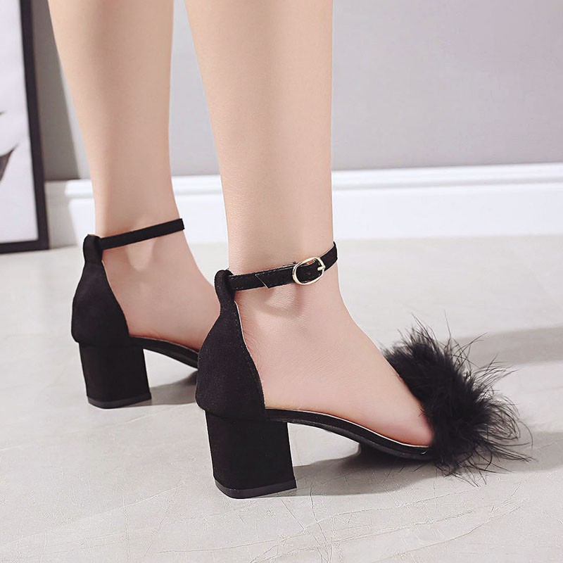 T06 giầy cao gót đính lông mềm mại chất da lộn thời trang