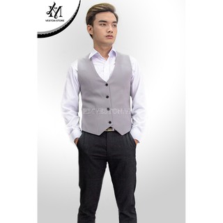Áo Gile nam ôm body màu xám ghi chất vải dày mịn co giãn + nơ đen