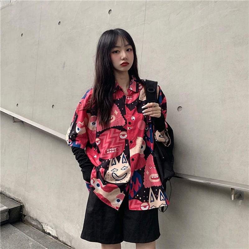 Áo Sơ Mi Voan Tay Ngắn Dáng Rộng In Họa Tiết Cá Tính Trẻ Trung Hợp Thời Trang