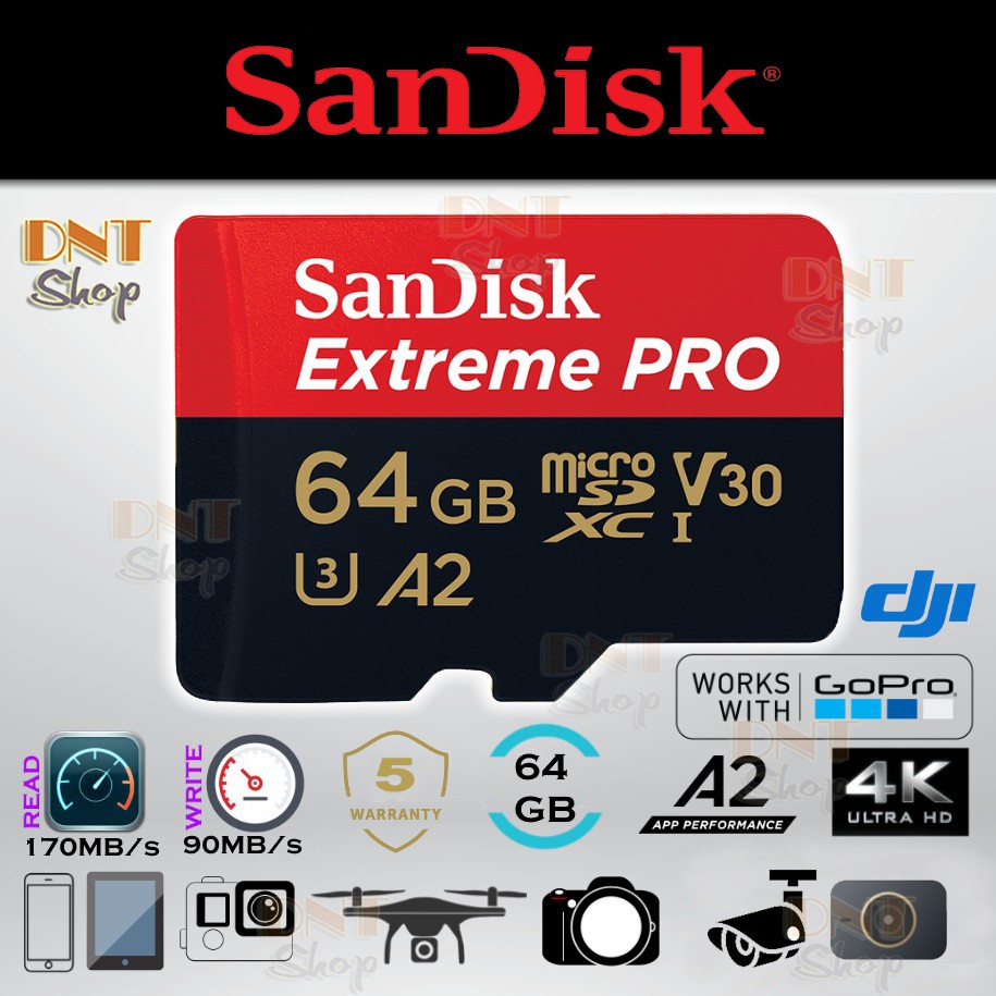 Thẻ nhớ MicroSDXC SanDisk Extreme PRO A2 - 64GB V30 U3 Class 10 UHS-I 200MB/s 170MB/s ( SDSQXCU-064G-GN6MA)