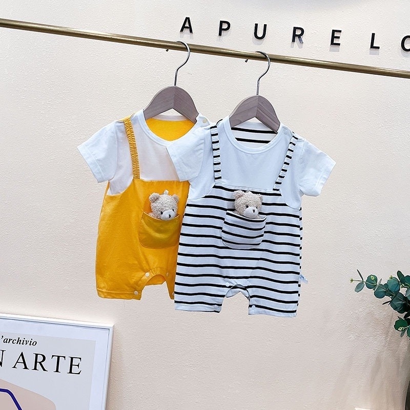 Bộ Áo Liền Quần Ngắn Tay Cổ Tròn Giả Hai Lớp In Hình Gấu Thời Trang Mùa Hè Cho Bé Trai Và