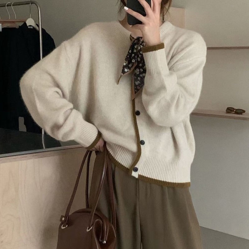 Áo khoác cardigan dệt kim tay dài dáng rộng thắt nơ điệu đà thời trang thu đông